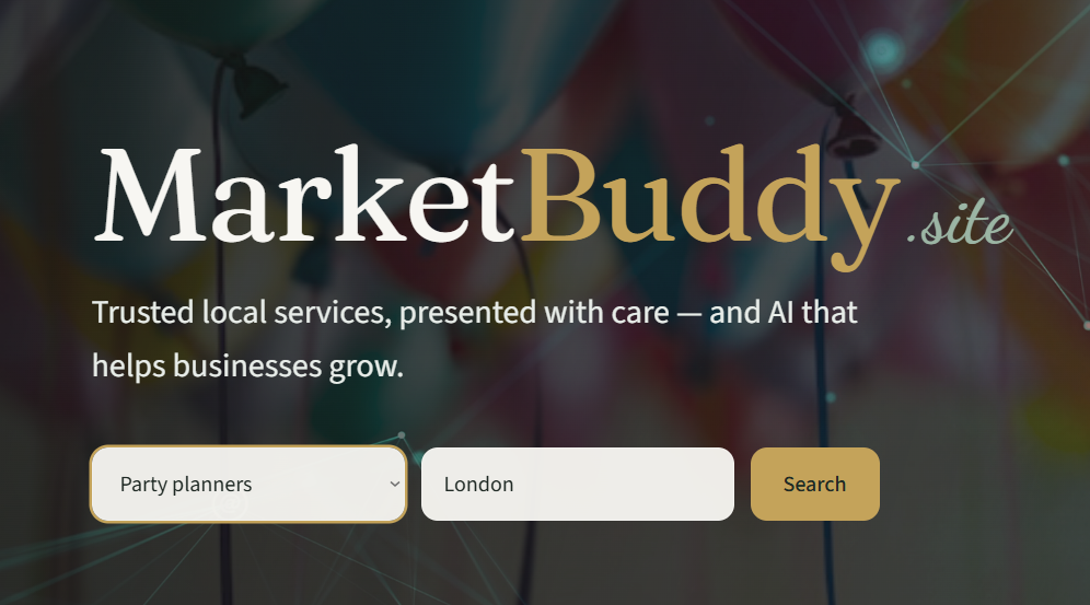 MarketBuddy.site branding with Party planners search in London